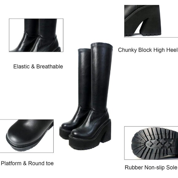 Womens Elastic Knee High Platform Chunky Block High Heel Sock Boots Sz 6.5 - Picture 4 of 9